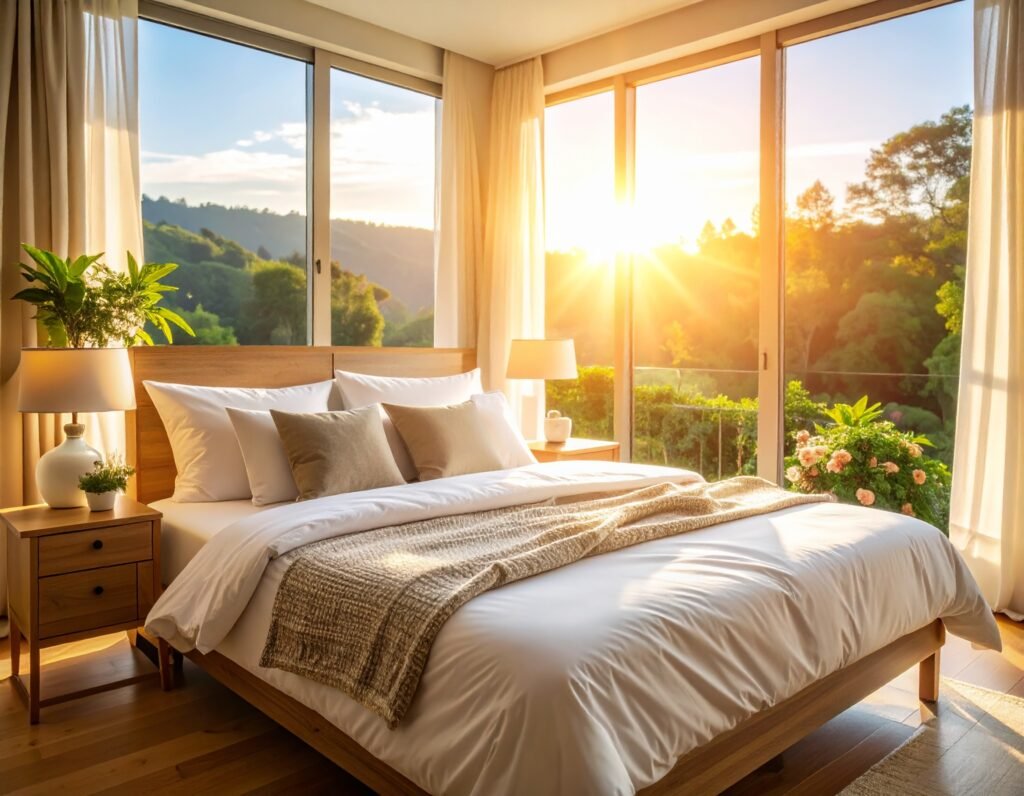 King size bed, sun is shining through the window 