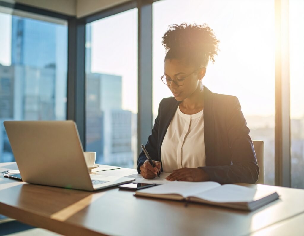 Women in office doing work, writing on paper 