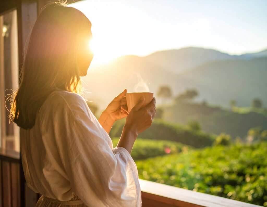 Women drinking coffee outside in the sun morning 