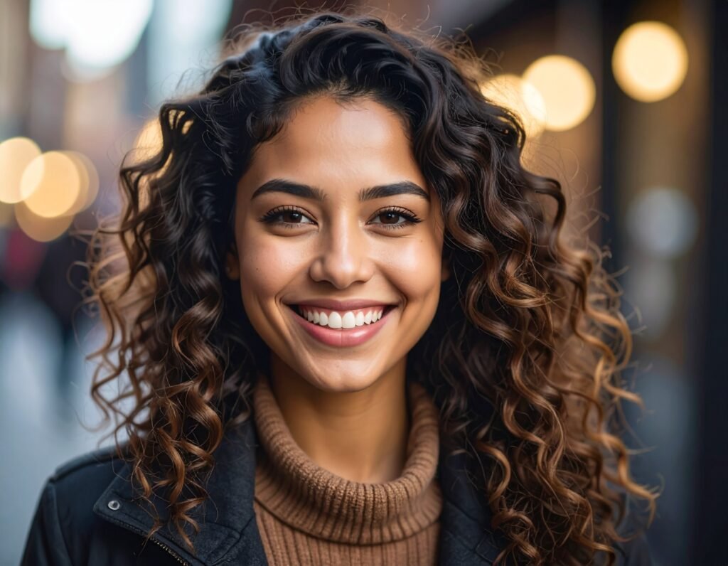 Smiling girl happy, in london, dark brown hair  