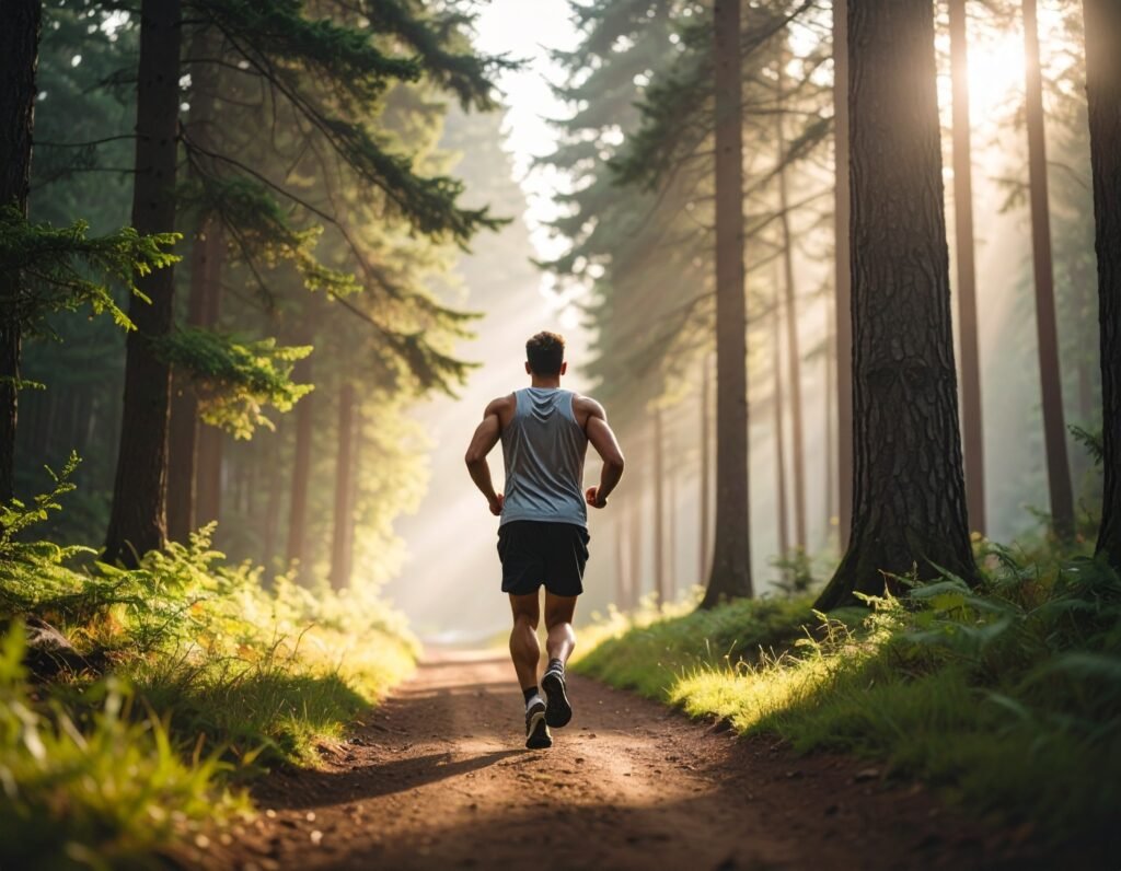 Man running in the woods, nature