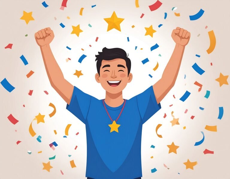 Motivational man happy with conffetti