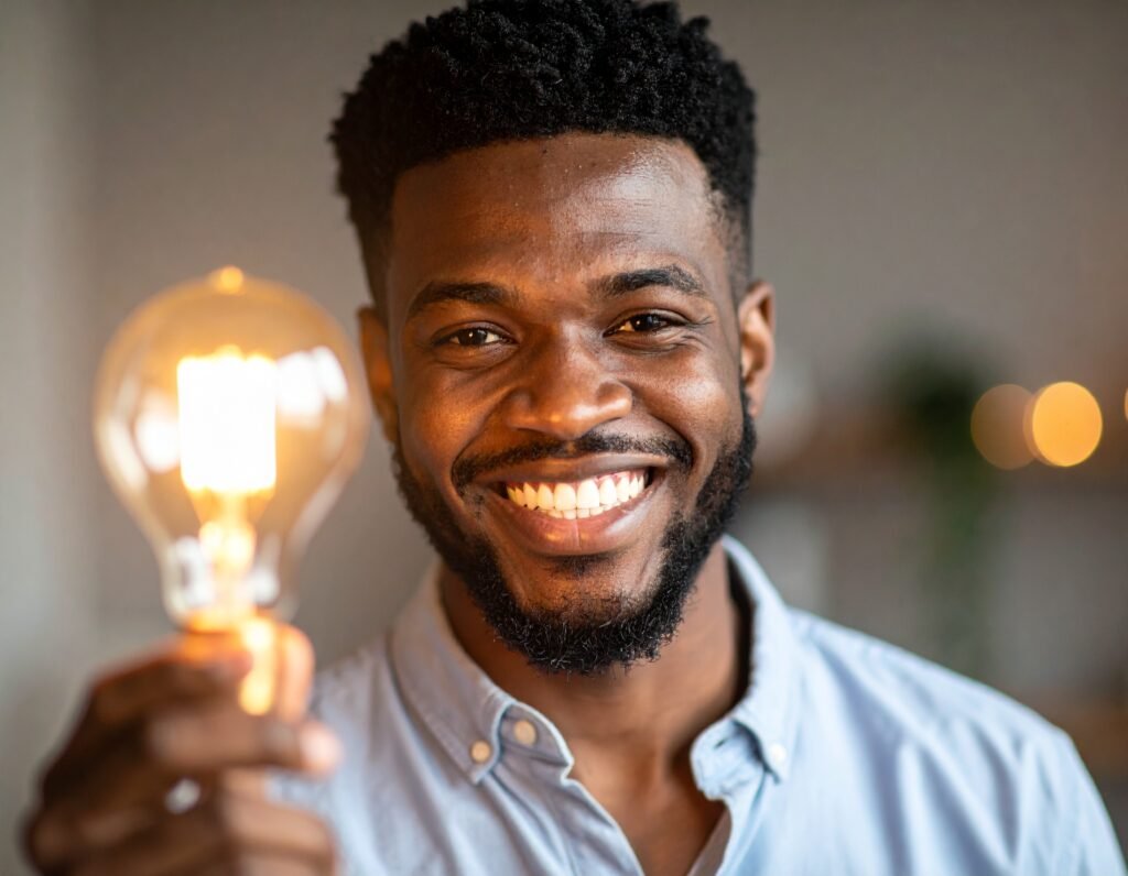 Man with light bulb smiling 
