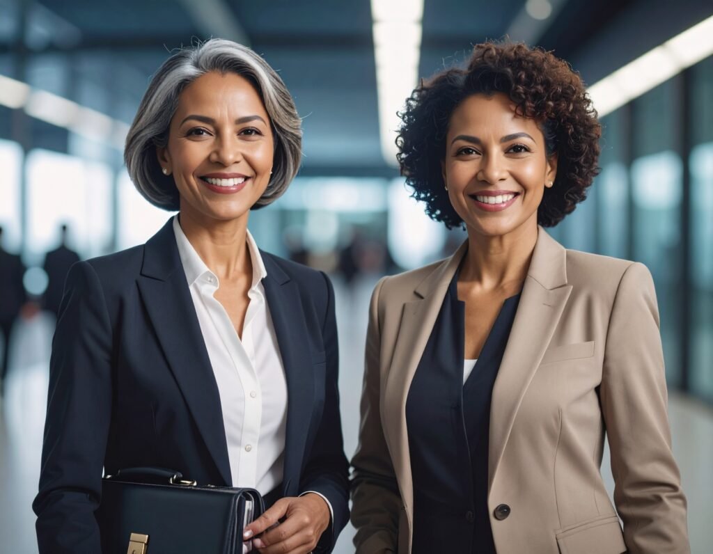 2 older women, working in corporate, with briefcase's smiling 