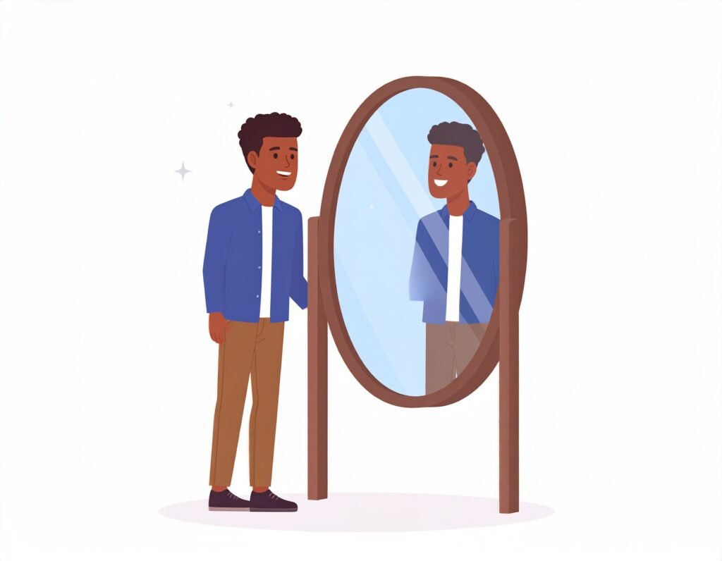 Man smiling and looking at the mirror boosting self confidence 