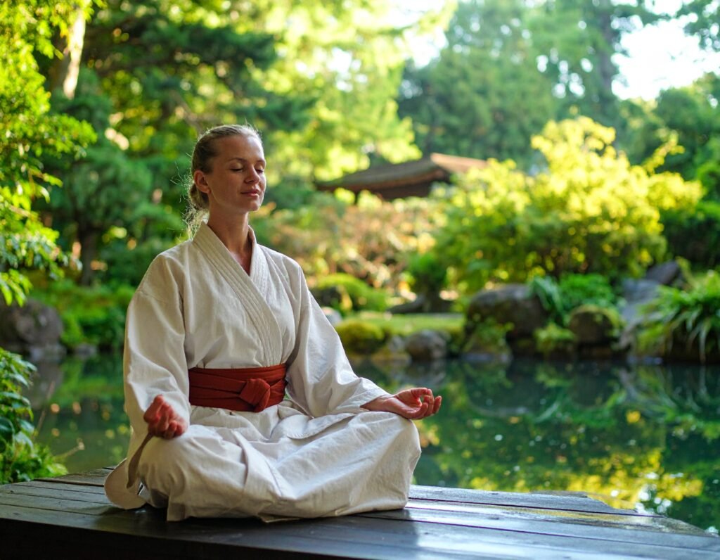 women meditating next to a river, 4k quality 