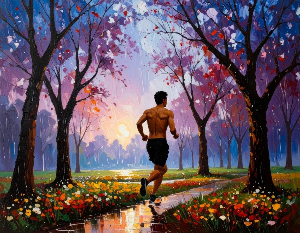Man running outside, with colourful trees 