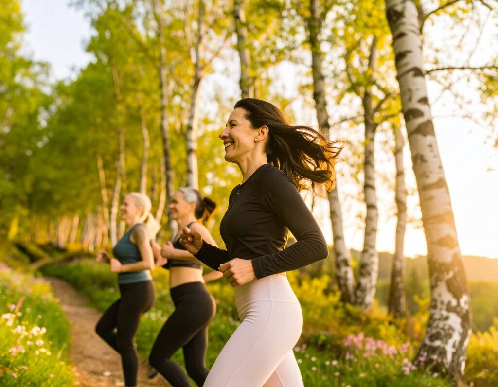 Group of women running outside, 