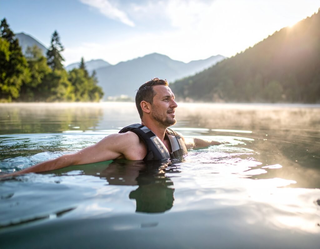 man in the lake taking a cold plunge 